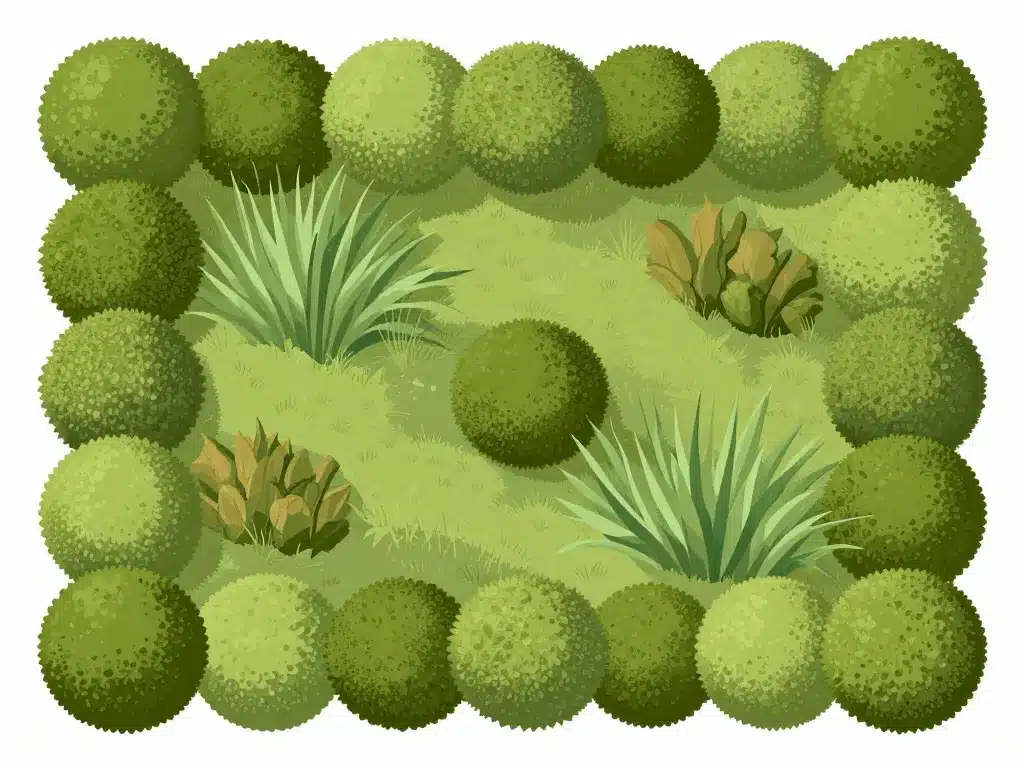 Disposition d'arbuste boule pour structurer le jardin avec effet graphique