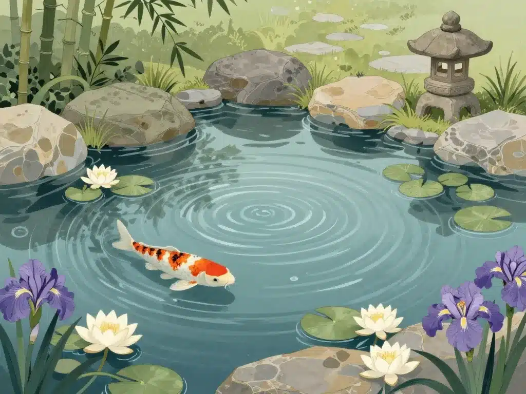 bassin japonais avec plantes, pierres et carpes koï