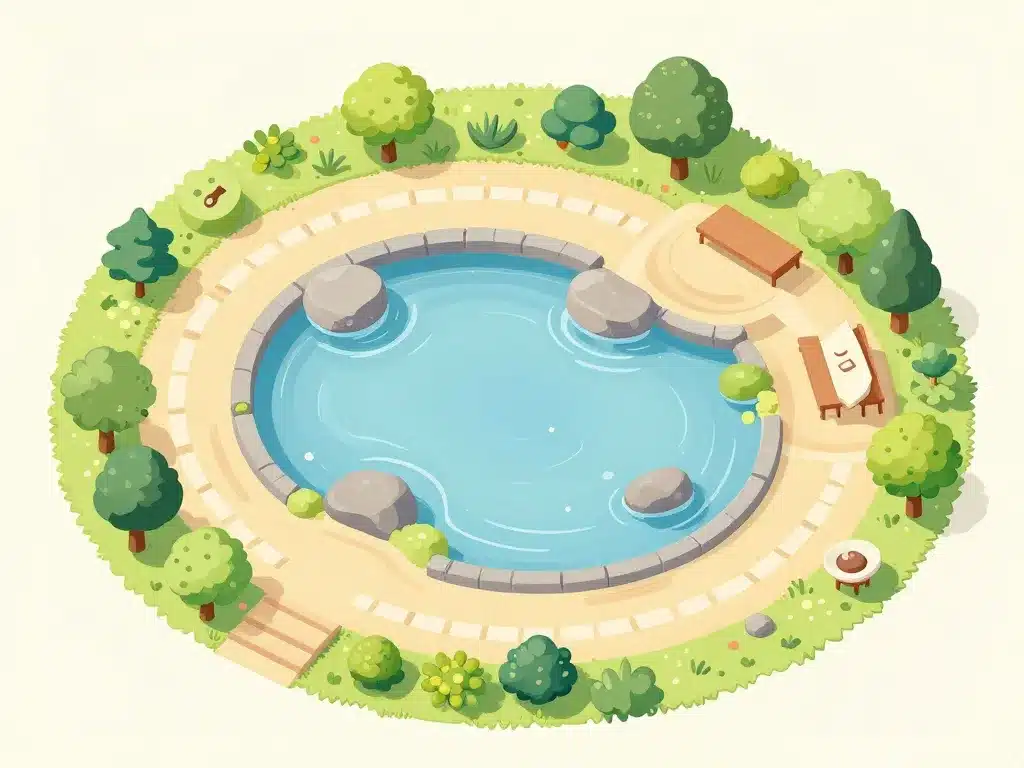 bassin japonais relié à terrasse et espaces de repos