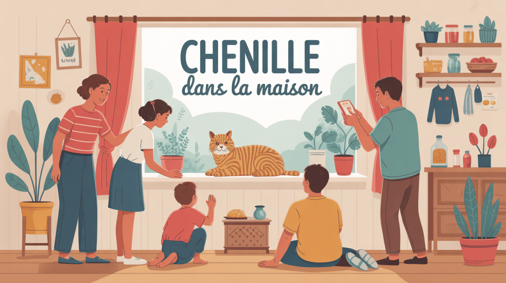 illustration chenille dans la maison famille observe rebord