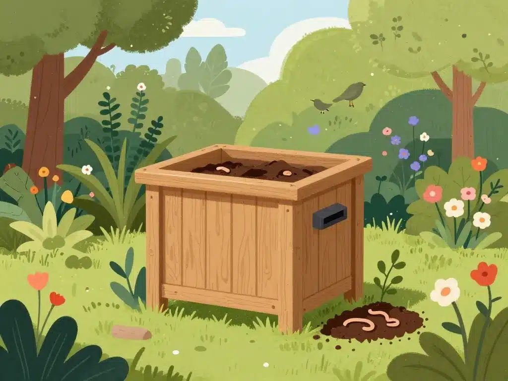 Composteur en bois intégré au jardin écologique