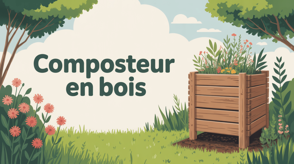 Composteur en bois entouré de verdure et fleurs