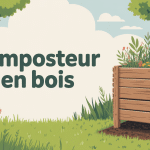 Composteur en bois entouré de verdure et fleurs