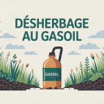 désherber au gasoil, pollution, nature, allée jardin, bidon barré
