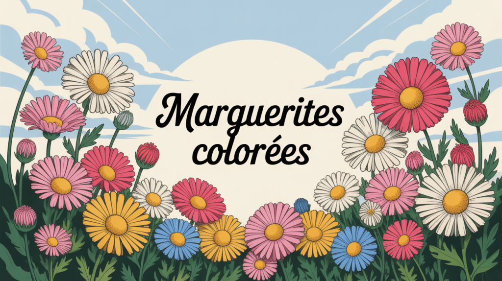 Marguerite couleurs en jardin stylisé, illustration centrale