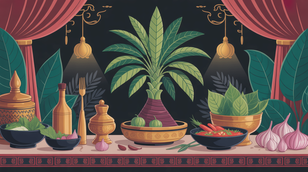 basilic thailandais frais sur table asiatique, tiges pourpres et feuilles vert foncé