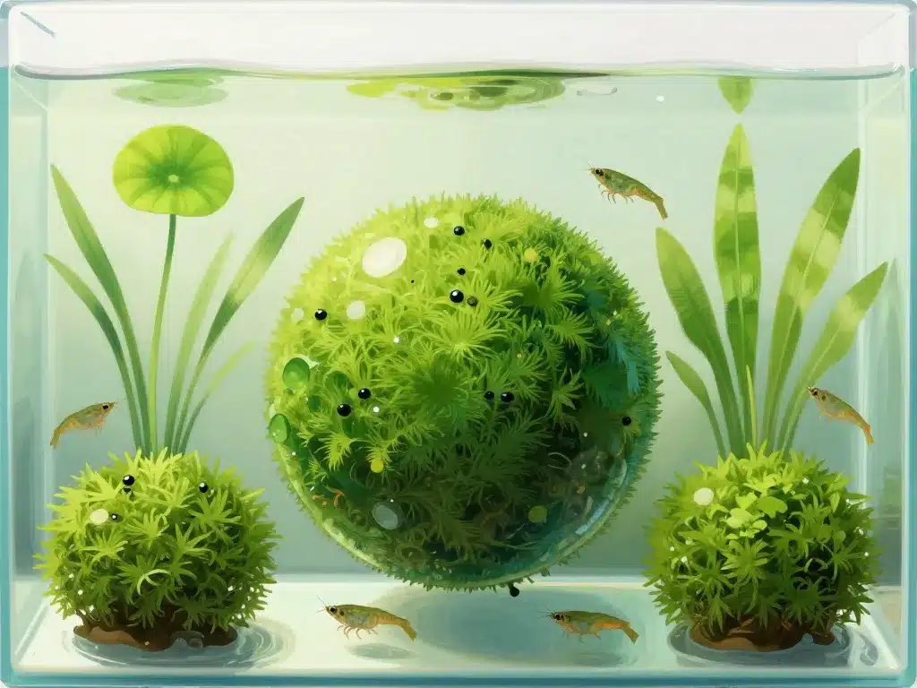 Différentes plantes crevettes avec Aegagropila et crevettes