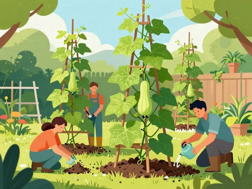 culture courge de siam sur treillage au potager