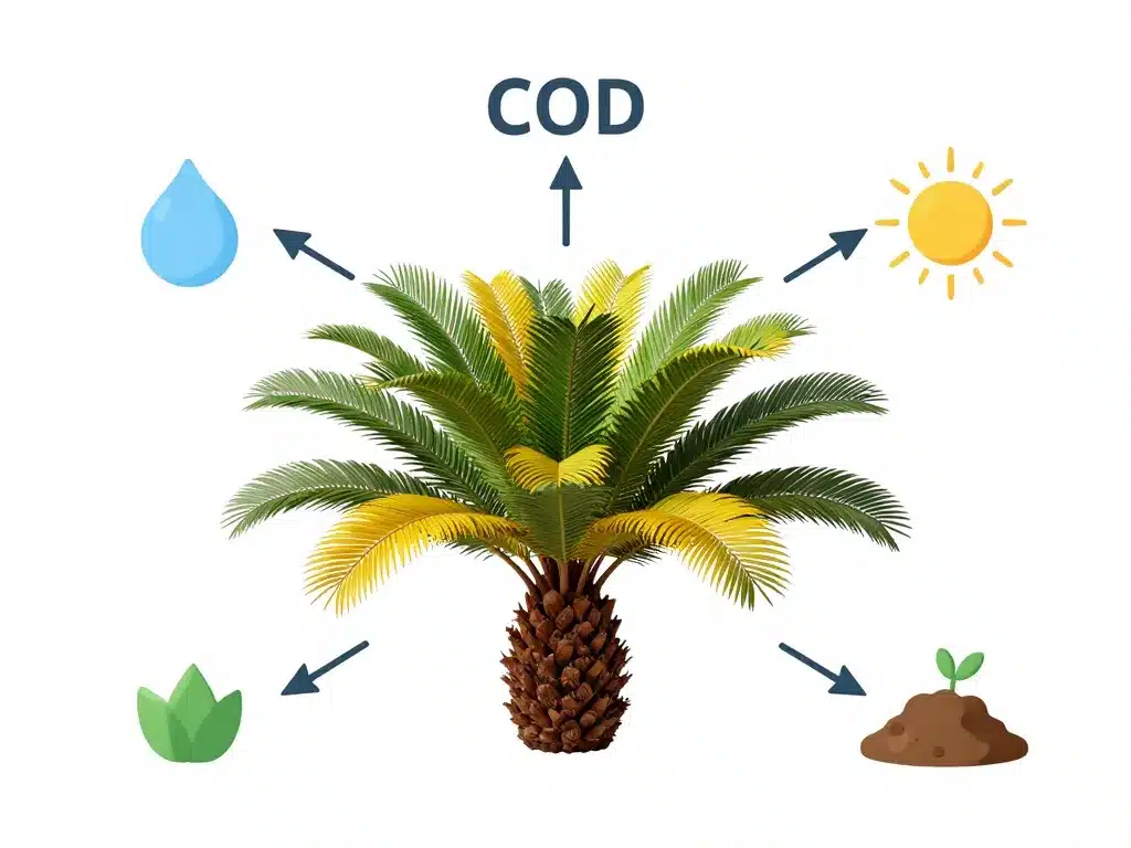 Cycas jaunissement feuilles, diagramme facteurs eau froid soleil sol