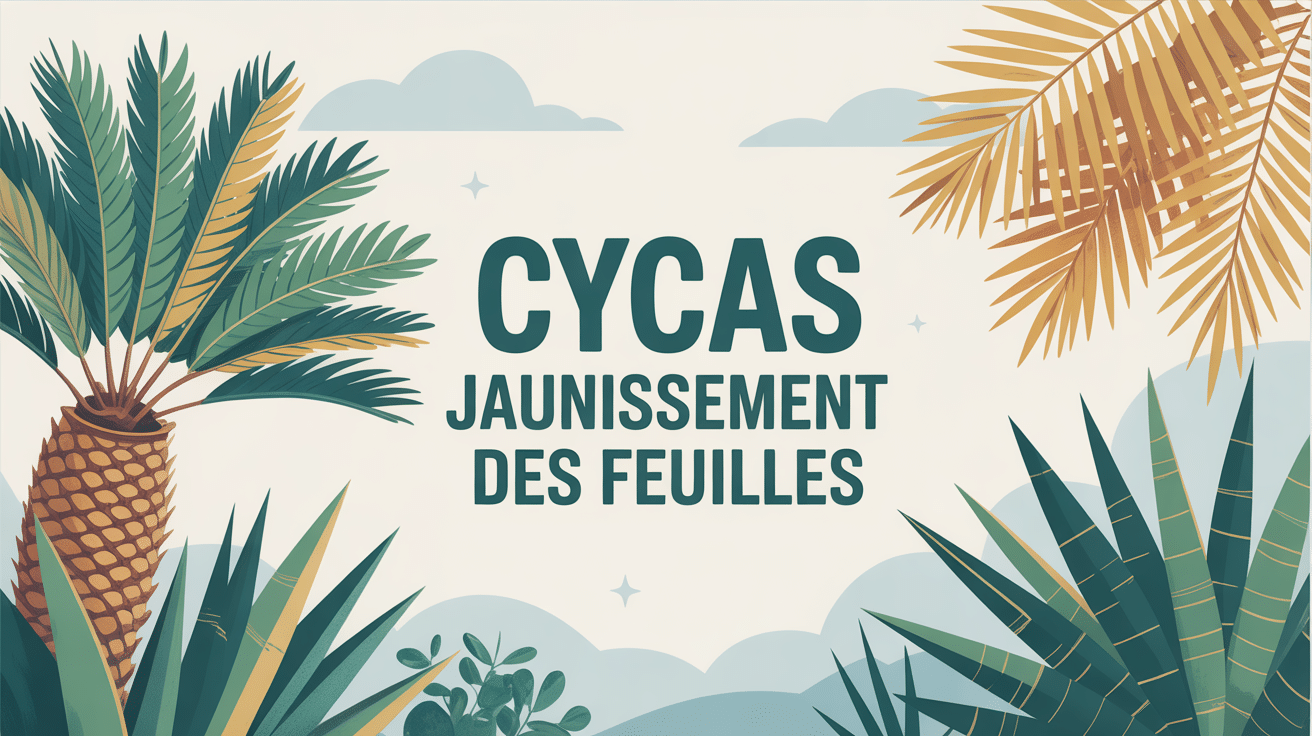 Cycas jaunissement feuilles, contraste entre vert et jaune, style éducatif