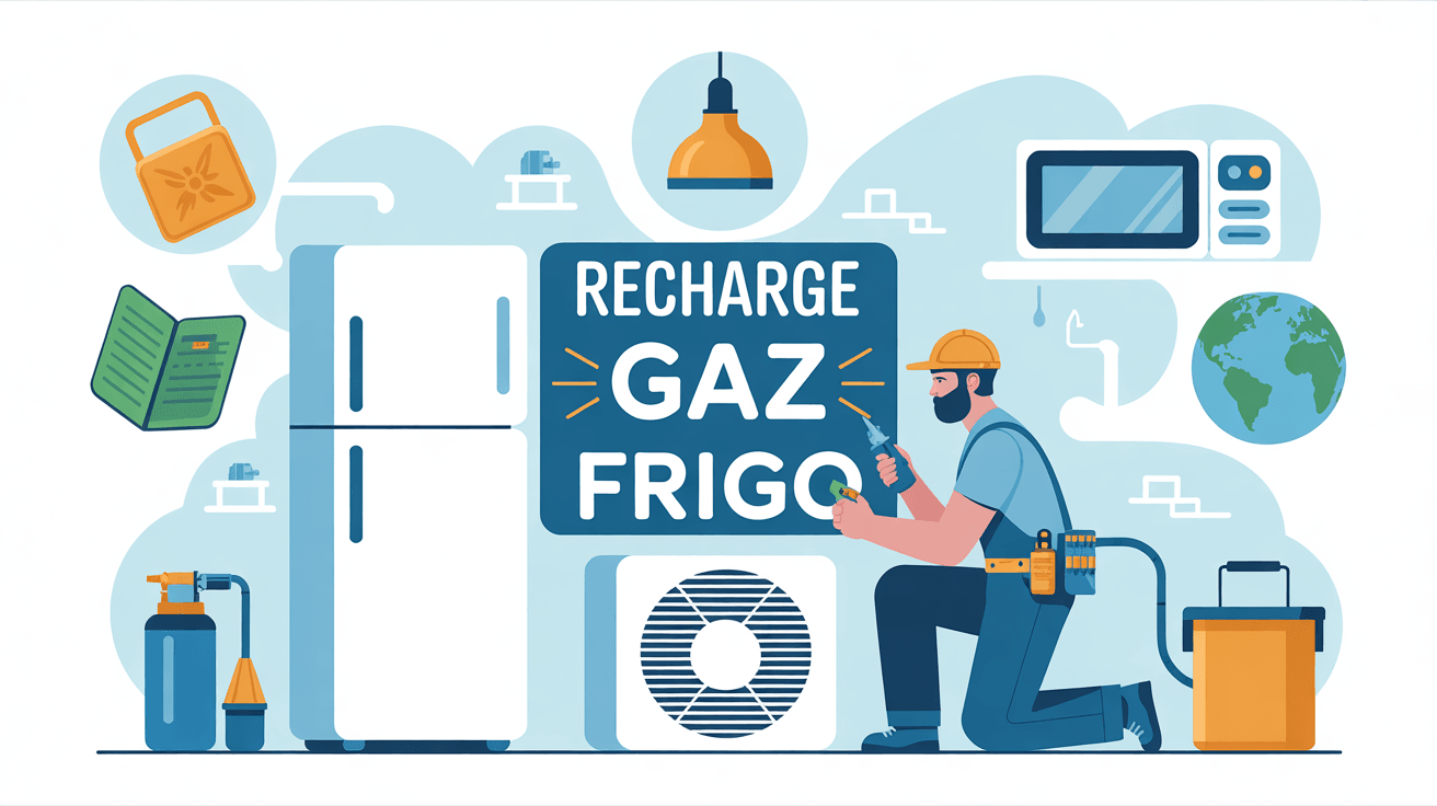 Illustration recharge en gaz frigo, technicien, sécurité, environnement