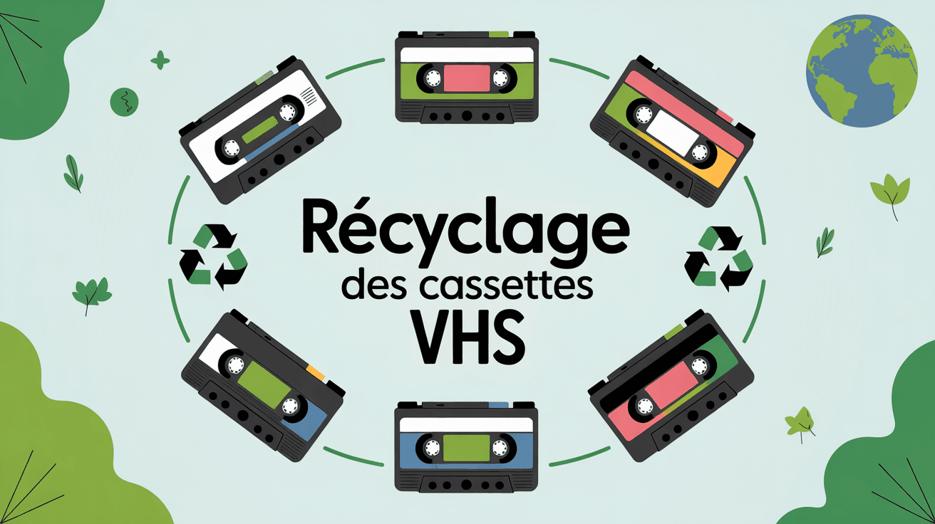 Illustration recyclage VHS cassettes, cercle écologique moderne