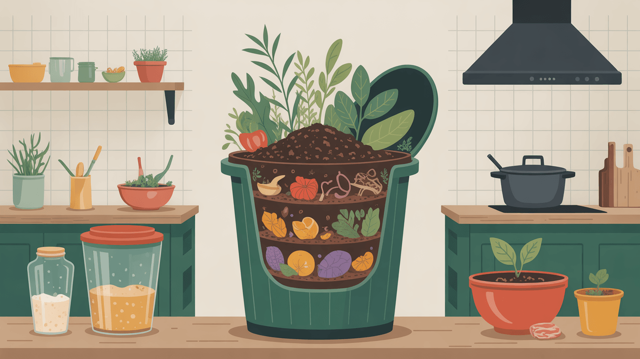 vue composteur cuisine avec vers de terre compost actifs