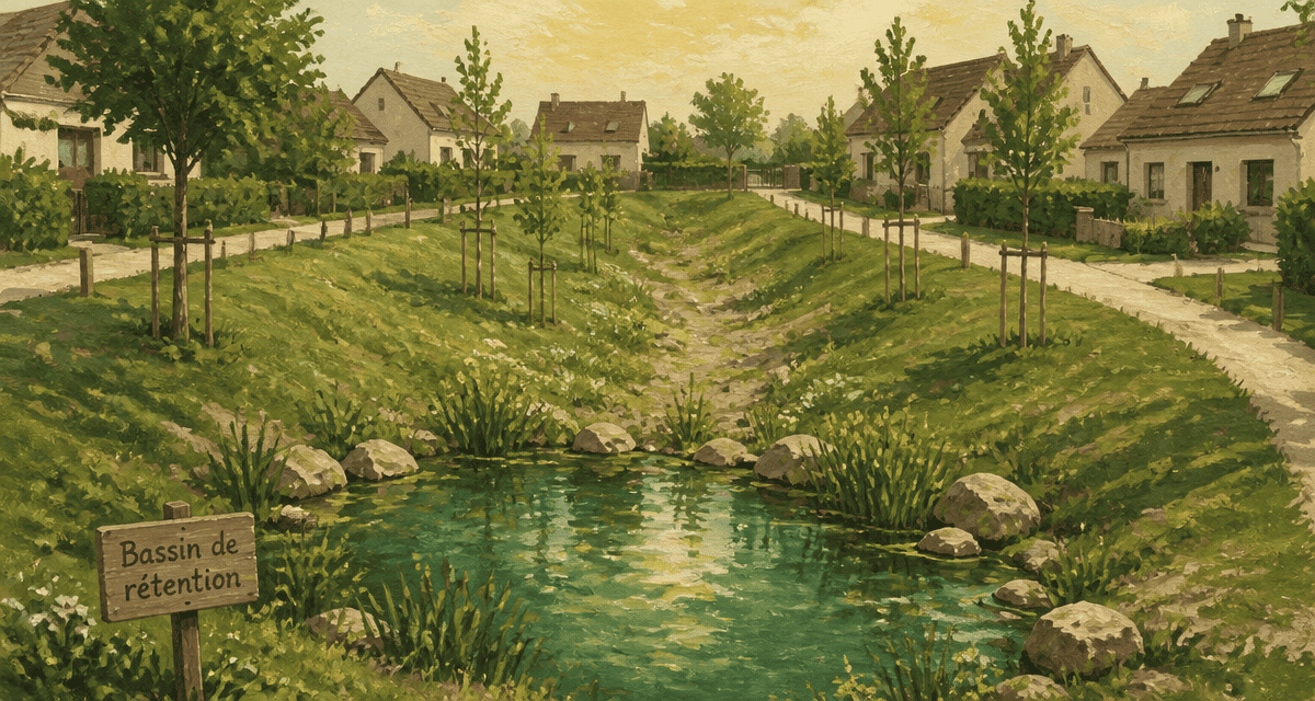 bassin de rétention à ciel ouvert avec talus et maisons