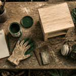 bombe de peinture, établi bois, outils bricolage