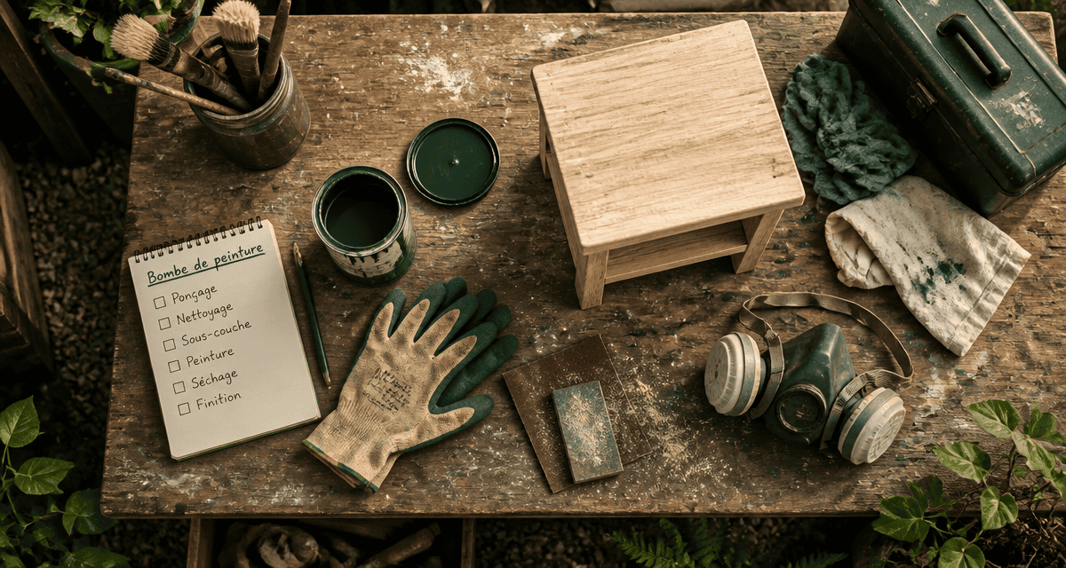 bombe de peinture, établi bois, outils bricolage
