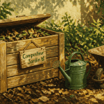 composteur jardin bois avec arrosoir et brouette