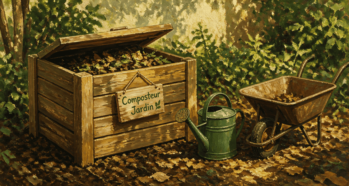 composteur jardin bois avec arrosoir et brouette