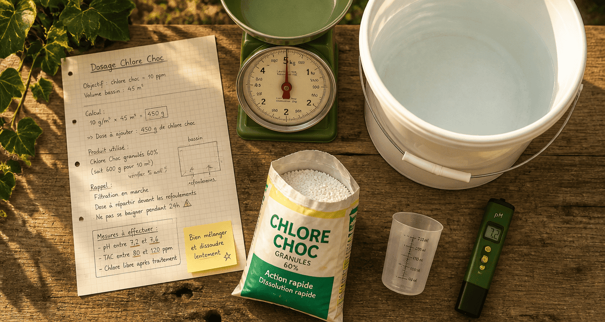 dosage chlore choc piscine par m3 avec balance et accessoires