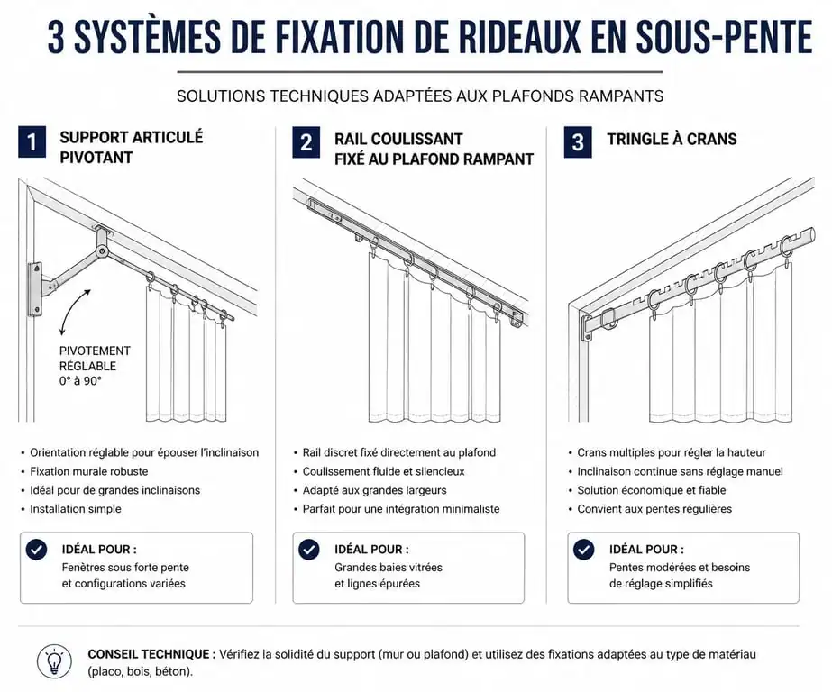 Trois solutions techniques pour installer une tringle rideau sous pente : support articulé, rail coulissant et système à crans.