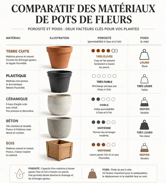 Infographie comparative des matériaux pour pot de fleurs