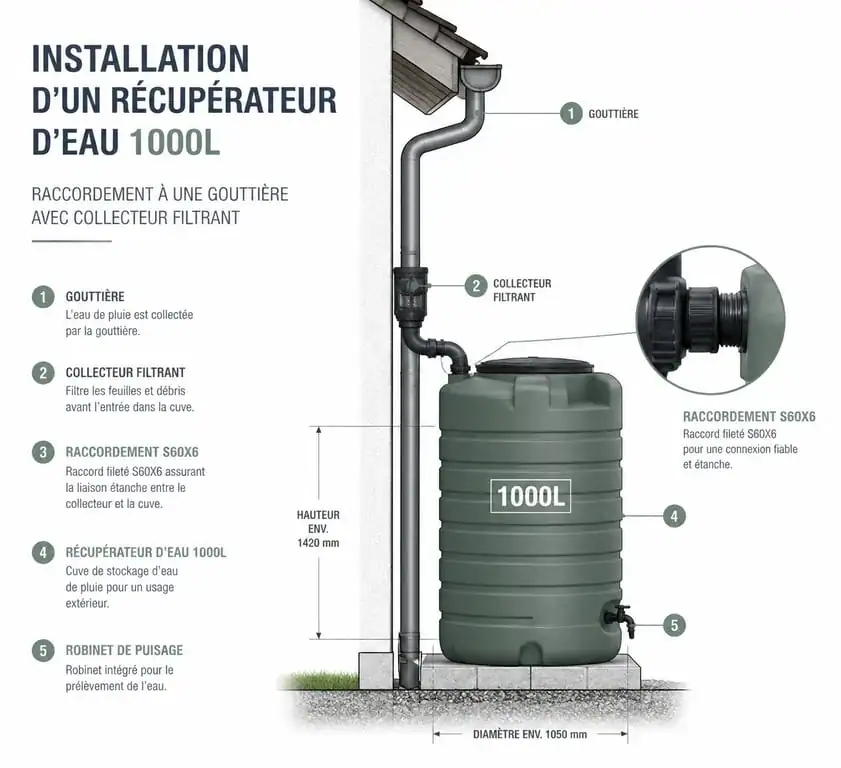 Schéma d'installation d'un récupérateur d'eau 1000L raccordé à une gouttière