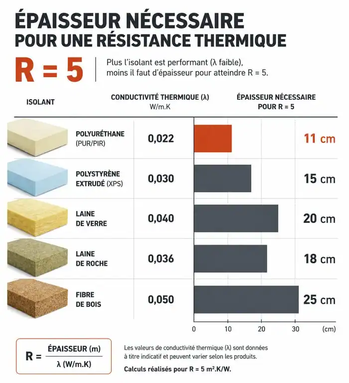Comparatif des épaisseurs d'isolants thermiques pour une résistance R=5 incluant le polyuréthane