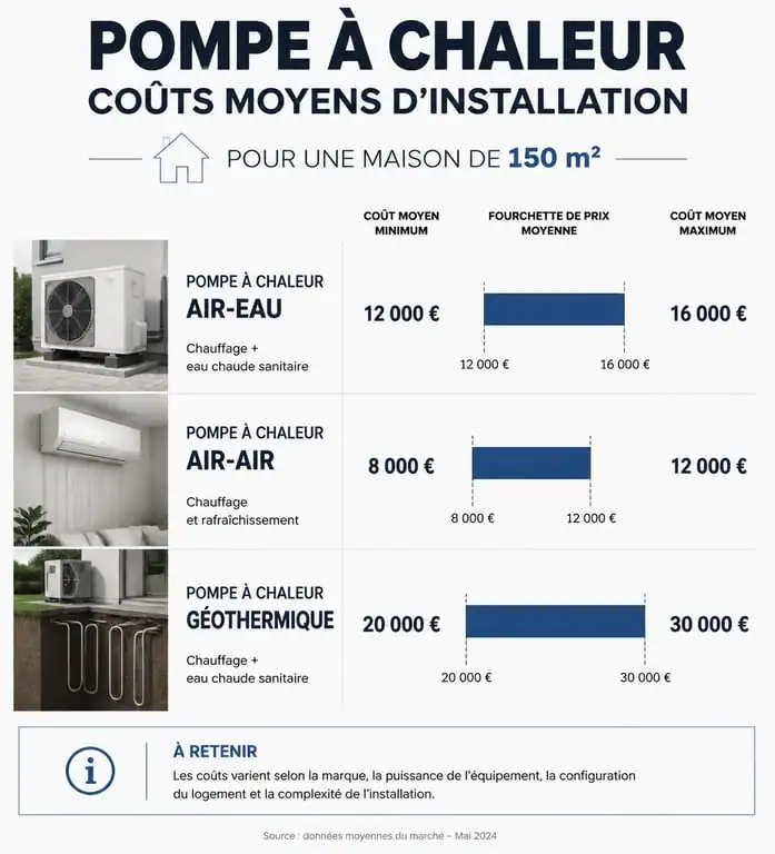Comparatif des prix pompe à chaleur maison 150m2 par technologie