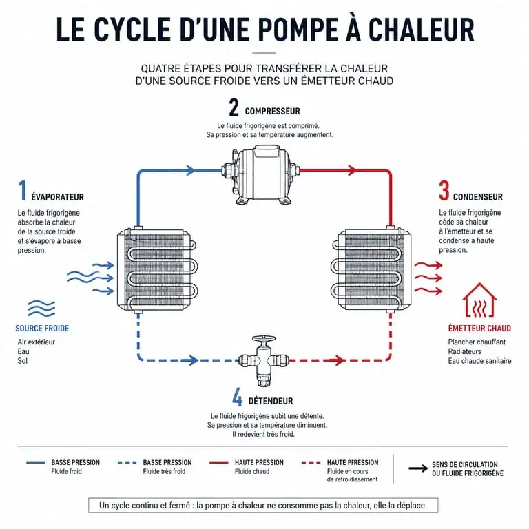 Schéma explicatif du fonctionnement d'une pompe à chaleur et de son cycle thermodynamique