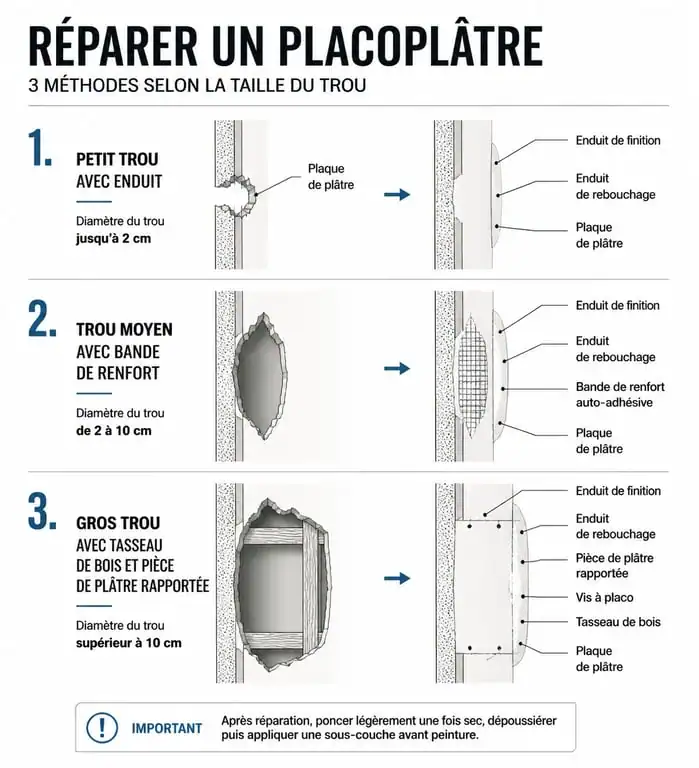 Schéma des étapes pour reboucher un trou dans du placoplatre selon la taille