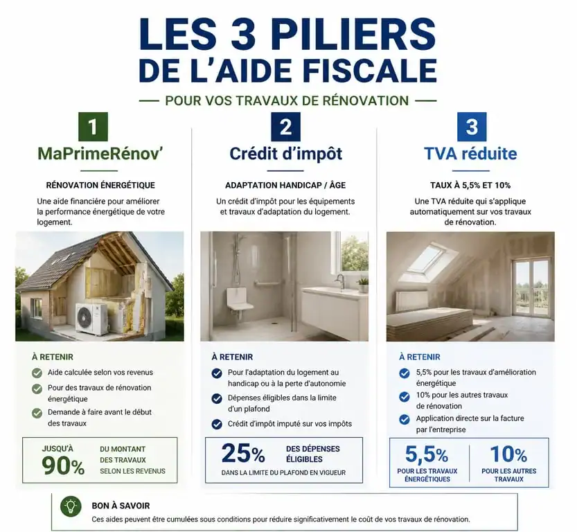 Infographie des aides fiscales pour travaux maison : MaPrimeRénov, crédit d'impôt et TVA réduite