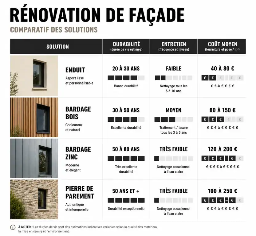 Comparatif des solutions pour rénover ou embellir sa façade : enduit, bardage et parement.