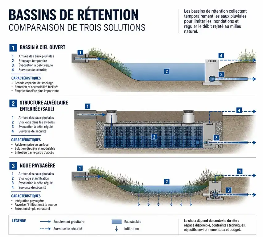 Comparatif des types de bassins de rétention des eaux pluviales : bassin à ciel ouvert, SAUL et noues paysagères