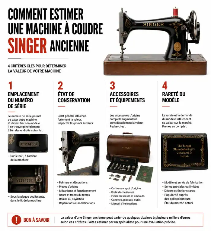 Infographie des critères d'estimation pour une machine à coudre Singer ancienne