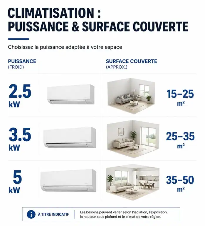 Infographie comparative : quelle puissance de climatisation pour quelle surface en m2