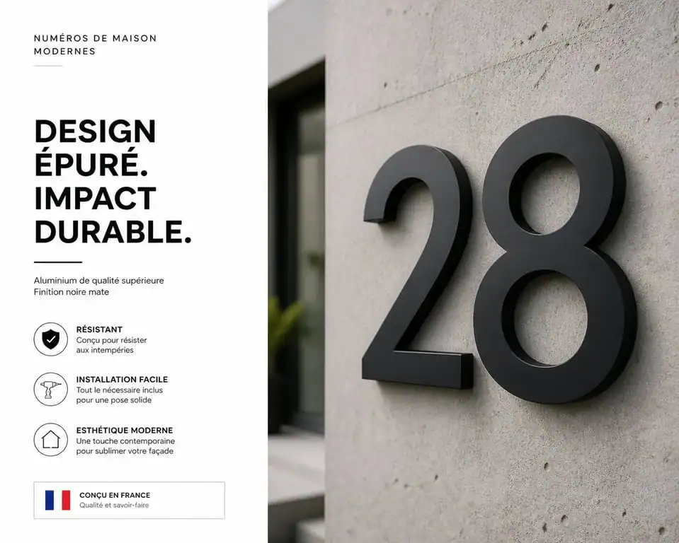 Numéro de maison design en aluminium noir mat sur façade moderne