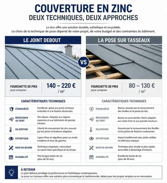 Comparatif des prix et techniques de pose d'une toiture en zinc : joint debout vs tasseaux