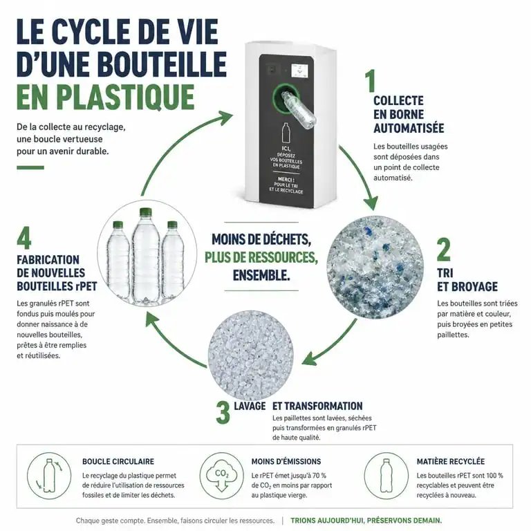 Infographie du cycle de recyclage des bouteilles en plastique PET