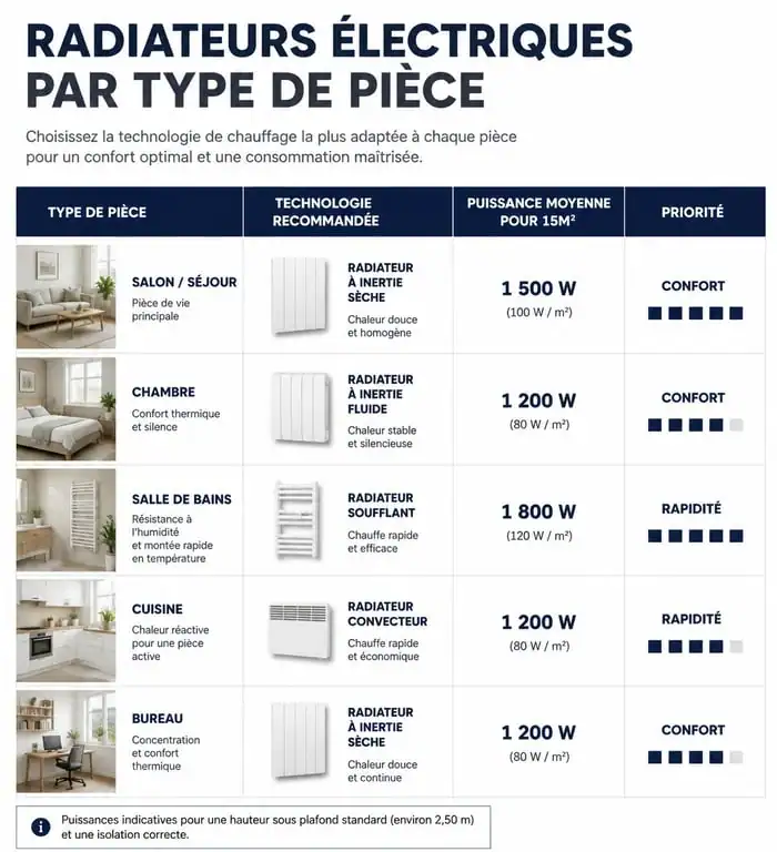 Infographie comparative pour choisir le meilleur radiateur électrique selon la pièce et la puissance