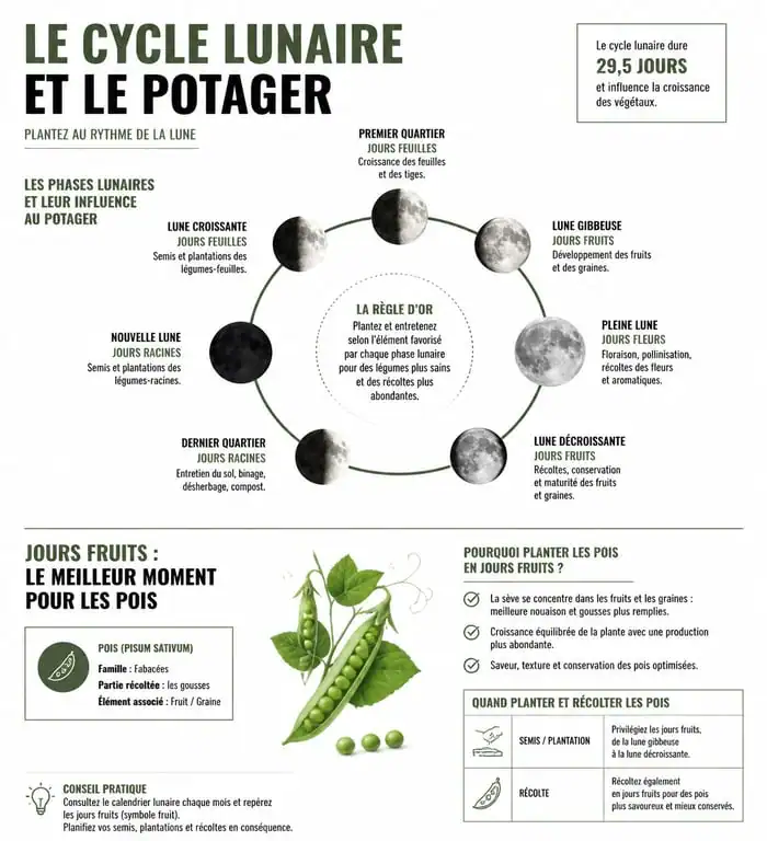 Infographie explicative sur le calendrier lunaire pour le semis des petits pois