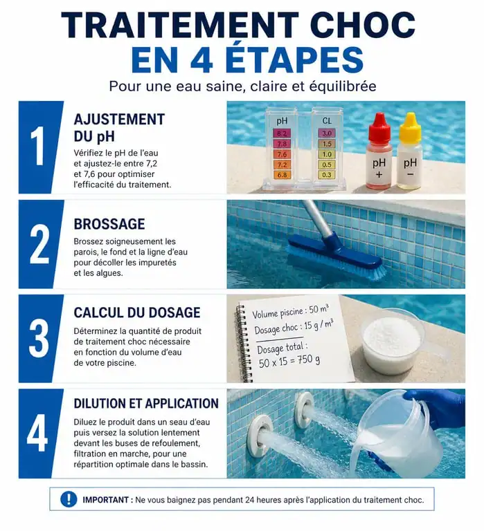 Étapes du traitement choc piscine pour un dosage chlore choc réussi