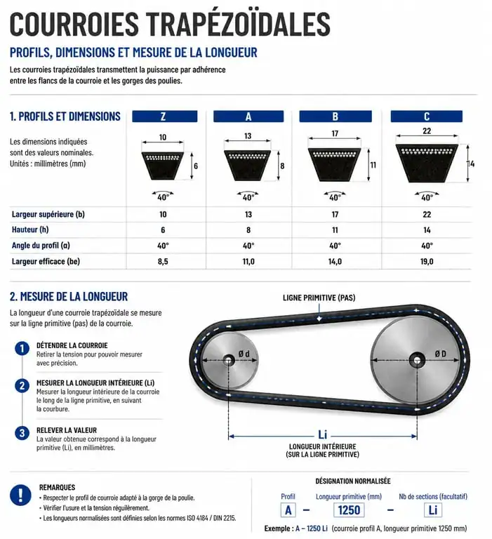 Infographie des profils et méthodes de mesure de courroies de transmission 123courroie