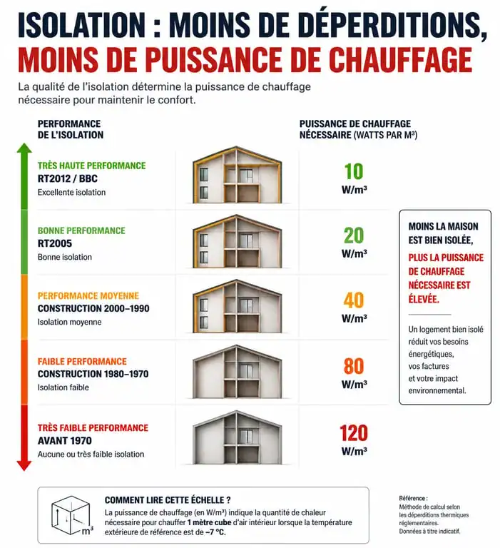 Infographie des besoins en puissance de chauffage par m3 selon l'isolation