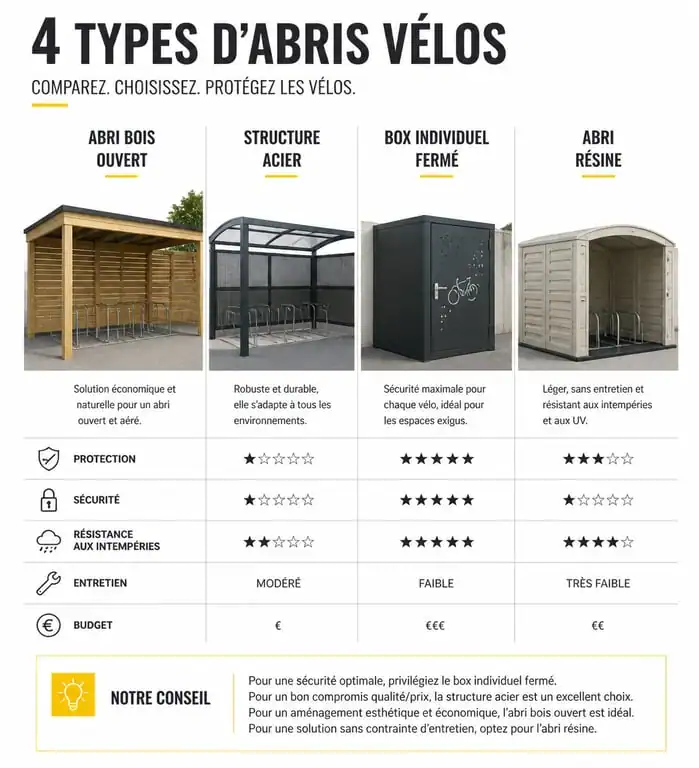 Comparatif des différents types d'abris vélos : bois, acier, résine et box sécurisé pour protéger son vélo.