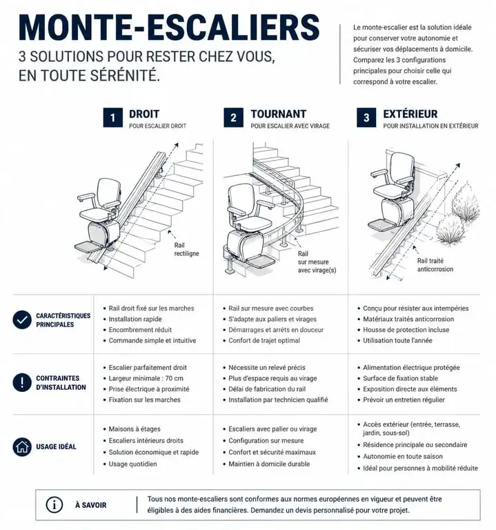 Infographie comparative des types de monte-escaliers : droit, tournant et extérieur pour choisir le modèle adapté