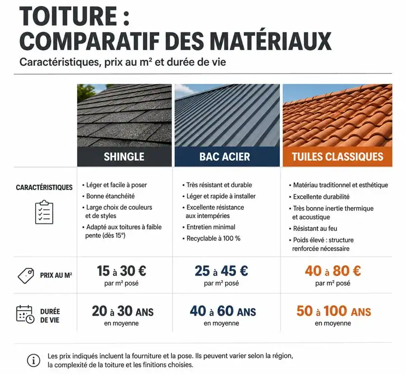 Comparatif des matériaux de toiture : shingle, bac acier et tuiles classiques