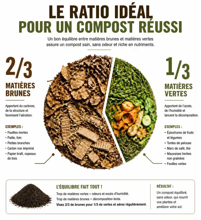 Infographie sur le ratio matières vertes et brunes pour un composteur de jardin réussi