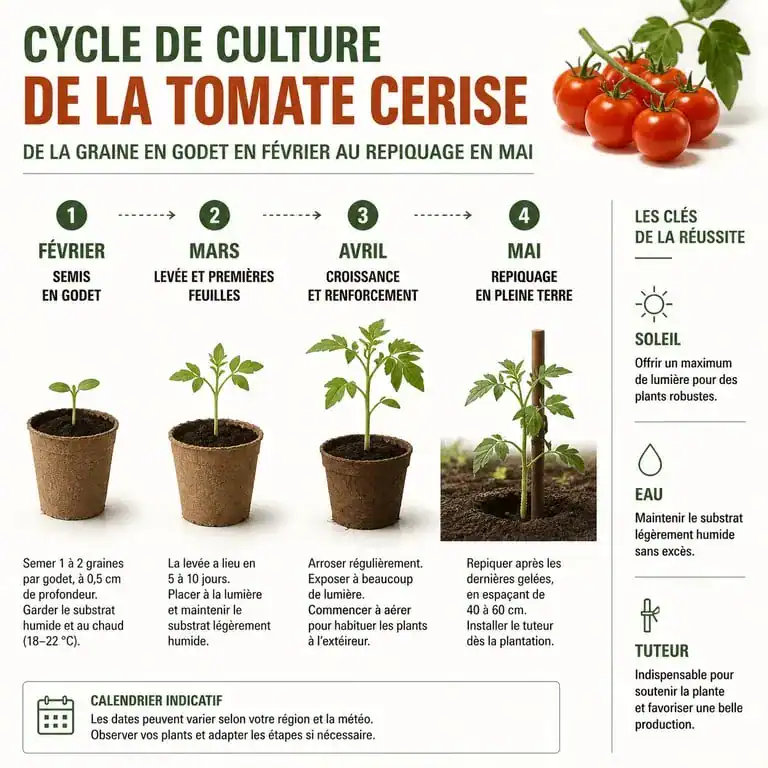 Infographie du calendrier et des étapes de plantation des tomates cerises