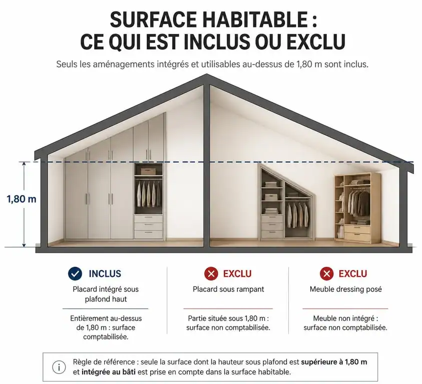 Schéma explicatif du calcul de la surface habitable avec placard intégré et hauteur sous plafond