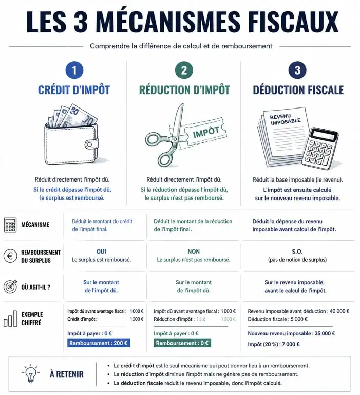 Infographie comparative des dispositifs fiscaux pour les travaux en résidence principale : crédit, réduction et déduction d'impôt.